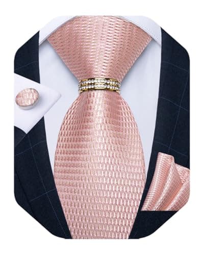 DiBanGu Mens Tie Set Silk Necktie and Gold Tie Ring Pocket Square Cufflinks Formal Business Wedding Ties with Gift Box, Blush Pink