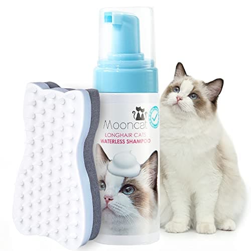 Mooncat Waterless Shampoo & Brush Kit for Longhair Cats | Complete Grooming System for Detangling, Deshedding & Matted Fur | Licking Safe No-Rinse Foam with Gentle Silicone Massager - Made in Taiwan