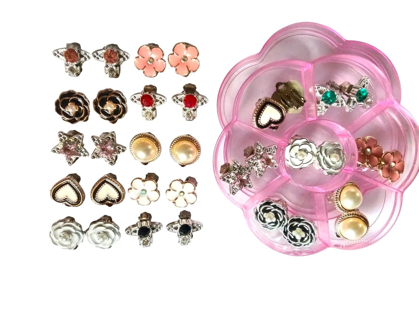 NEOBABY Fashion Clip-on No Piercing Stud Earrings Set with Storage Case, 7 Pairs Random Designs, Pearl, Crystal, Rose, Heart, Flower Shapes in Multicolor
