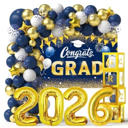 Navy Blue and Gold Graduation Balloons Garland Arch Kit with Backdrop GRAD Balloon Box and Number 2026 Balloons for Graduation Decorations Class of 2026 Grad Party Supplies
