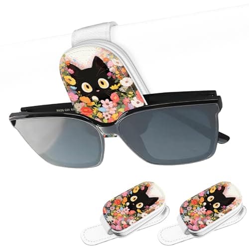 UntilPlan 2 Pack Magnetic Leather Sunglass Holder Universal Magnetic Car Eyeglass Hanger Clip for Different Size Eyeglasses Car Visor Accessories Flower Cat