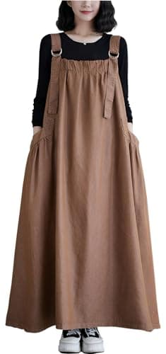 EXPOING Denim Jumper Dress for Women Loose Version Baggy Style Maxi Length Adjustable Straps Wide Hemline (US, Alpha, Medium, Regular, Regular, Light Coffee M)