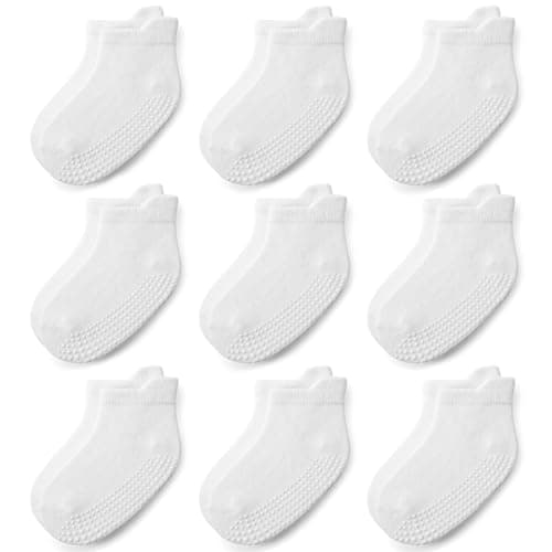 JAKIDAR Baby Toddler Socks Non Slip 9 Pairs Cotton Ankle Grip Socks for Boys Girls Baby Kids Infants Children, 12-24M, White