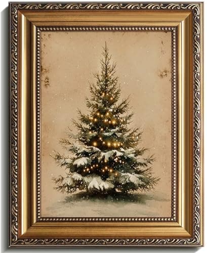 Vintage Gold Framed Christmas Tree Wall Art Poster, Vintage Christmas Tree Art Print Antique Holiday Decor, Oil Painting Style Rustic Holiday Decor for Kids Room, Bedroom, Living Room-9x12