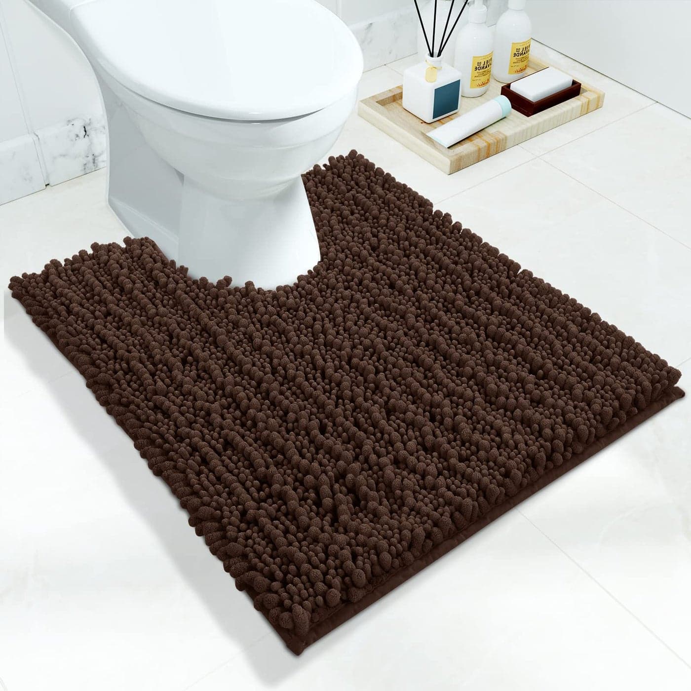 Yimobra Luxury Shaggy Toilet Bath Mat UShaped Contour Rugs for Bathroom 244 X 204 Inches Soft and Comfortable Maximum Absorbent Dry Quickly NonSlip MachineWashable Brown