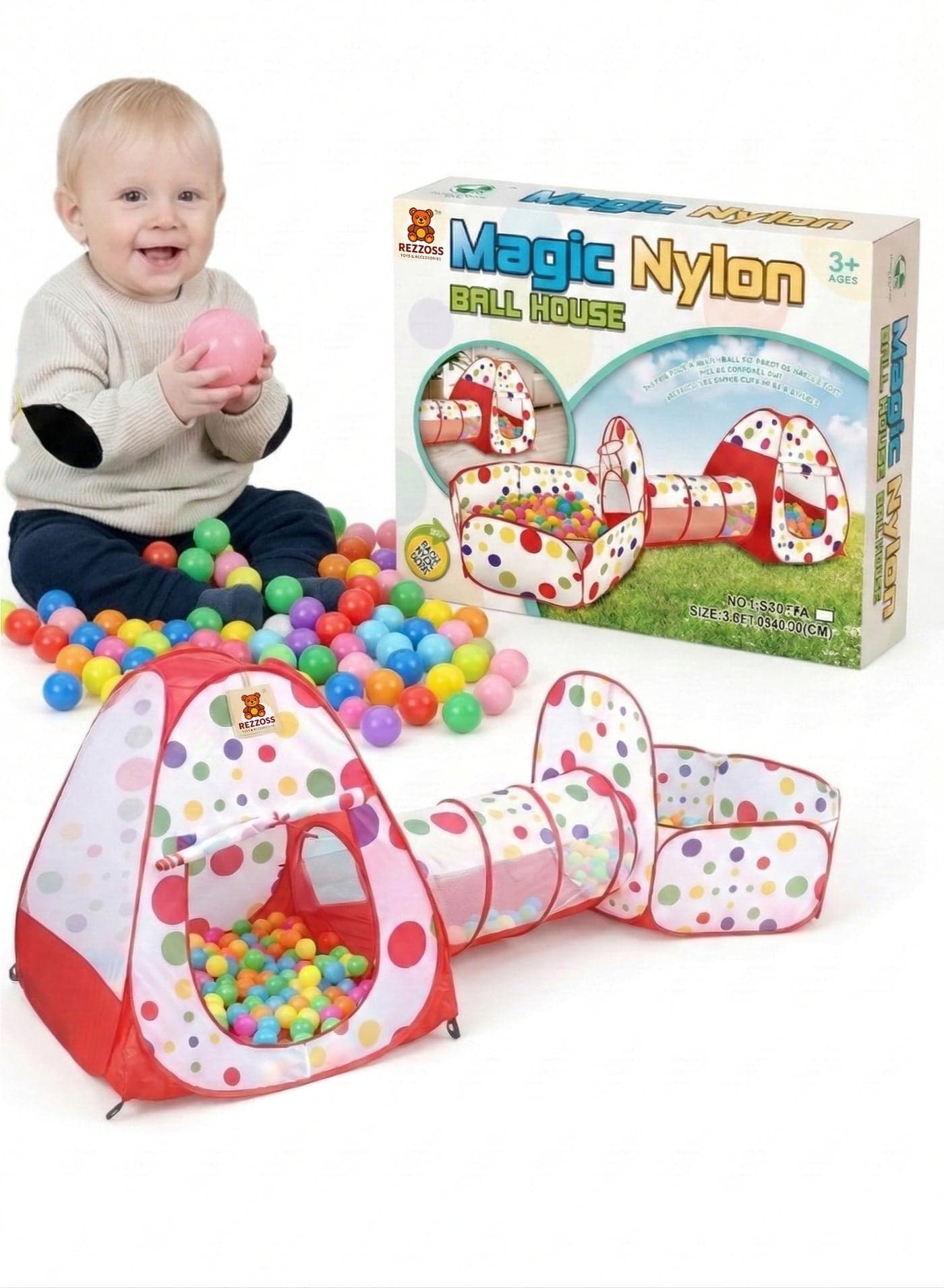 Magic Nylon Ball House 3-in-1 Pop-Up Kids Play Tent with Tunnel & Ball Pit Pool – Foldable Indoor Outdoor Playhouse Set with 100 Colorful Balls | Baby Crawling Toys | Toddler Birthday, Eid & Christmas Gift for Boys & Girls