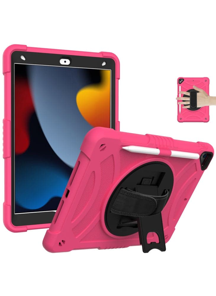 Kickstand Tablet Case for iPad 10.2 (2019)/(2020)/(2021)/iPad Air 10.5 inch (2019),Silicone+PC Rugged Shockproof Cover with Hand Strap/Pencil Holder - Rose