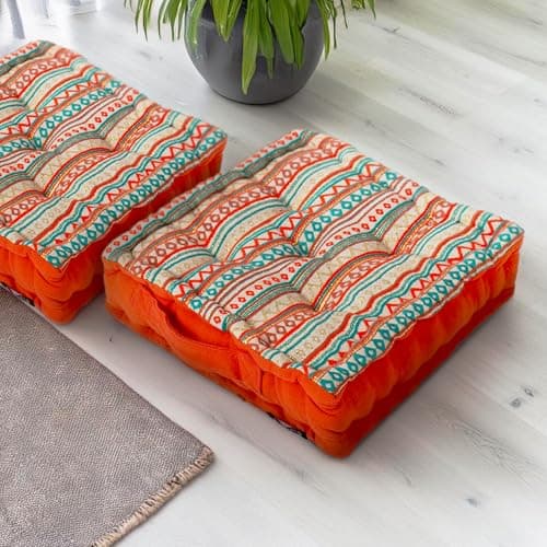 The Furnishers Weaved Quilted Floor Cushion 50x50x10 cm Orange Boho with Cotton Filler Large Size for Seating, Patio Seat, Meditation, Yoga, Pooja, Guests, Living Room, Bedroom Size - 20x20x4 Inch