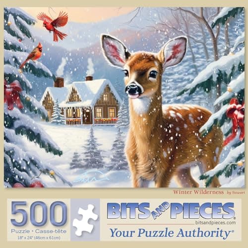 Bits and Pieces 500 Piece Puzzles for Adults Large 18 x 24 Jigsaw Puzzles 500 Pieces Deer Winter Snow Cabin No 2 Pieces Alike Winter Wilderness