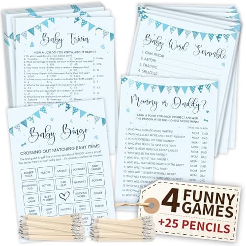WOODAMORE Hilarious Baby Shower Games Boy 4 Funny Baby Games for Baby Shower Boy Decorations Blue Trivia Card Word Scramble Mommy Or Daddy Game for 25 Guests