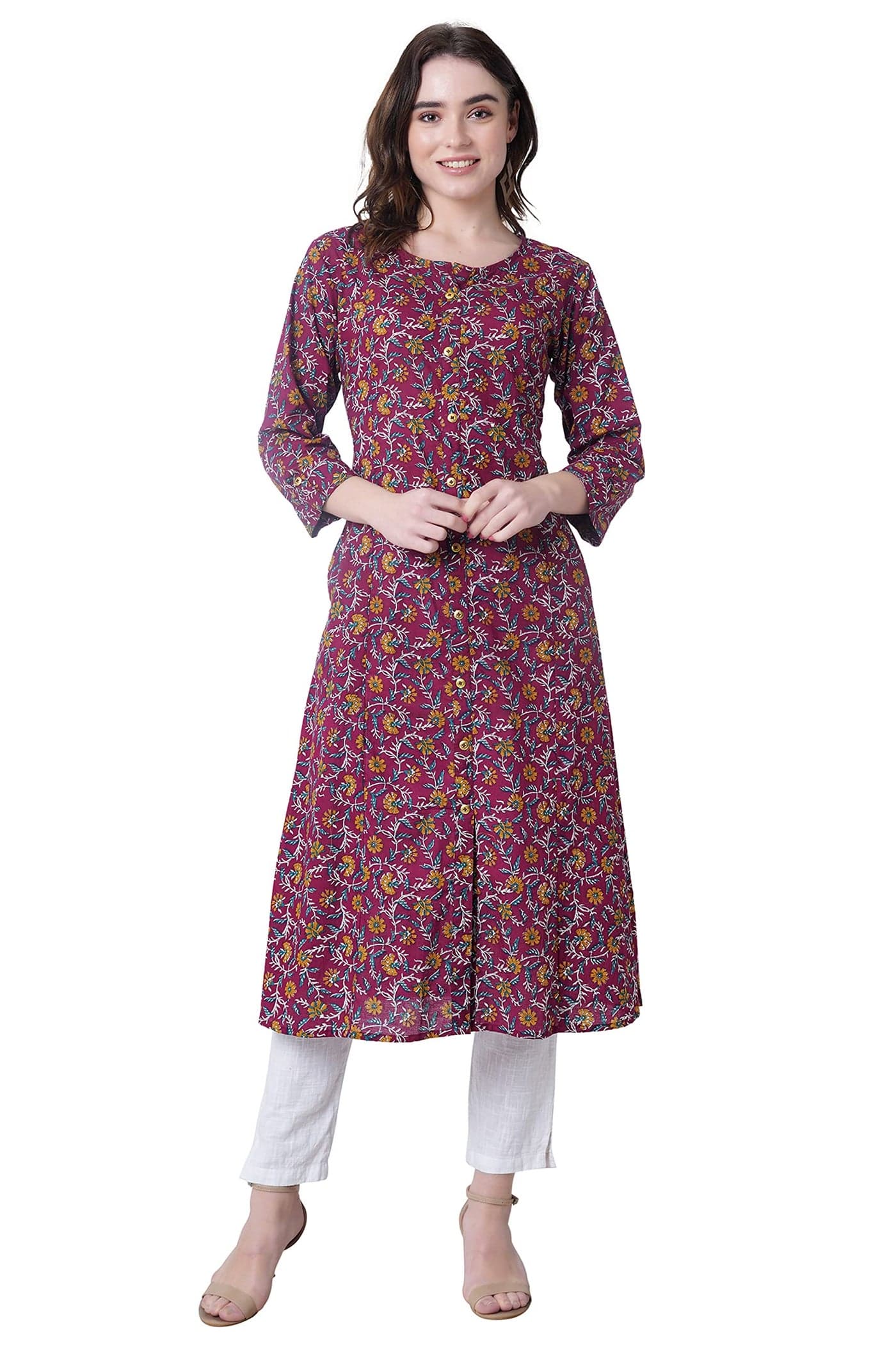 YUVVIK Women’s Stylish Pure Cotton Printed A-Line Kurti with Gold Button | Ethnic Wear for Women & Girls | Short Kurti for Jeans, Office & Casual Wear | Fancy Western Peplum Kurta Top