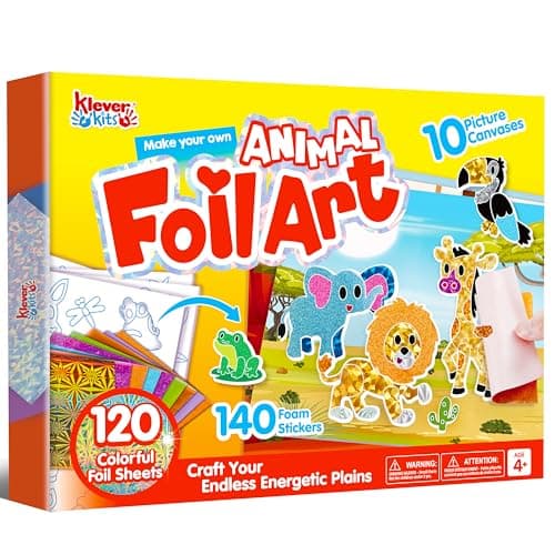 Klever Kits Foil Art Kit for Kids Arts Crafts Supplies Mess Free Coloring Animal Foil Foam Stickers Creative Travel Toys Birthday Gifts for Boys Girls Ages 4 and Up
