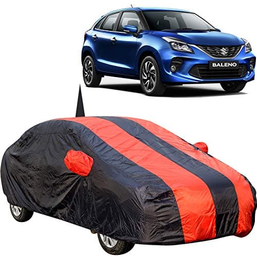 The AutoStory 190 Taffeta Water Resistant Car Body Cover Compatible with Maruti Baleno with Mirror & Antenna Pockets (Red/Navy Blue)