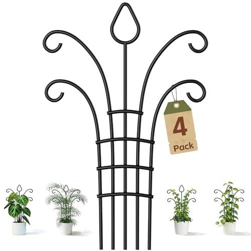 4 Pack Metal Small Plant Trellis for Potted Plants,Metal Indoor Plant Trellis for Climbing Plants,Black Mini Trellis Support with 5-Prong Base & 50 Ties, for Pothos Hoya Ivy, Gift for Plant Lovers