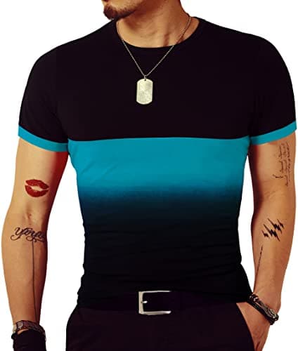 LOGEEYAR Mens Slim Fit T-Shirt Contrast Color Tee Gradient Stitching Short-Sleeve Cotton Tops Blue