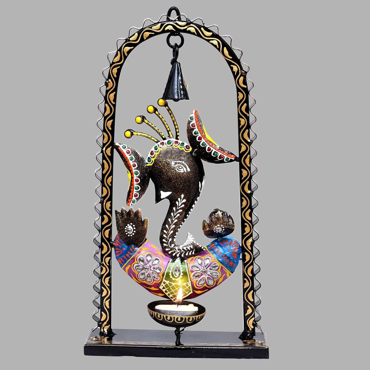 Kraftskala Ganesh Tea Light Candle Diya with Ringing Bell Decorative Metal Statue Showpiece for Living Room Home Decor Tabletop Diwali Gift