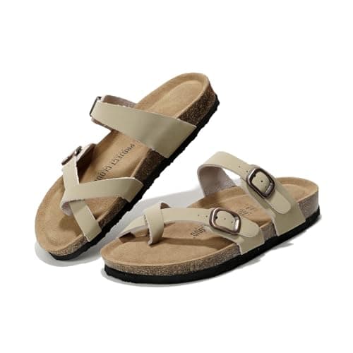 Project Cloud Genuine Leather Womens Sandals - Comfortable Cork Footbed Slides with Memory Foam Beach Essential Summer Sandals For Women 2025 (Lian, Beige, 9)