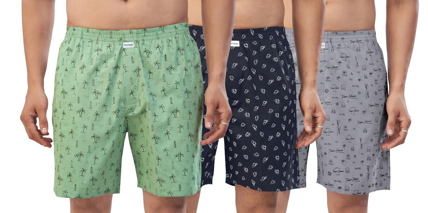 Nermosa Men's 100% Cotton Boxer Shorts – Soft, Breathable, All-Day Comfort (Pack of 3) (in, Alpha, XL, Regular, Multicolor9)