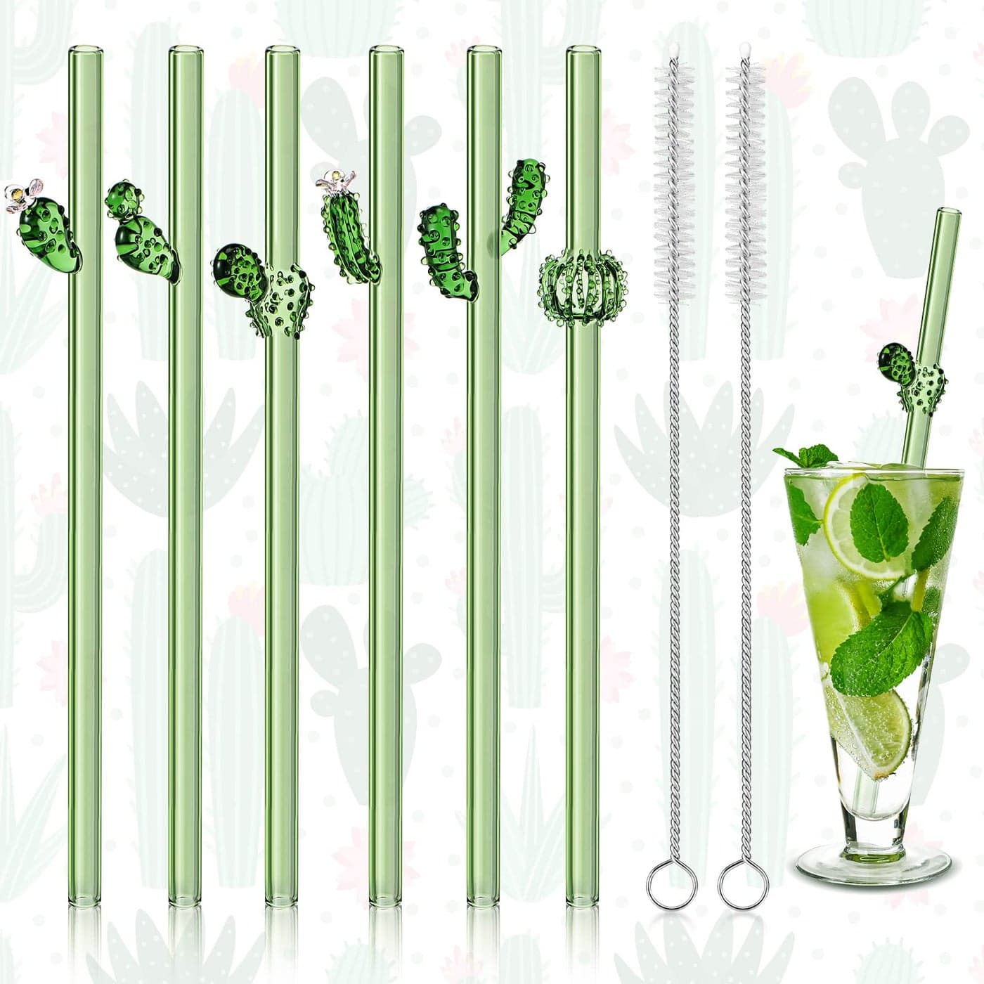 Meanplan 6 Pcs Reusable Glass Straws with Design 8 mm x 79 Inches Cactus on Green Straws with Cleaning Brush for Smoothie Cocktail Juice Shakes Beverages