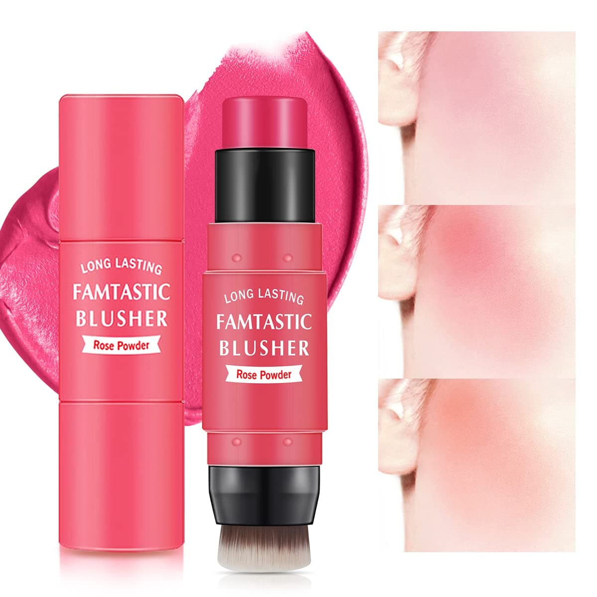 LOKFAR Cream Blush Stick for Cheeks 2 in 1 Multi Makeup Blush with Brush for Cheeks Tint Eyes Lips Waterproof Smooth Creme Texture Longlasting Wear All Day 02 Rose Red