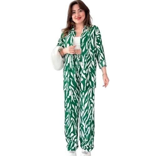 Gufrina Women's Full Sleeve Abstract Print Co-Ord Set with Collared Shirt and Front Open Design (Green M)