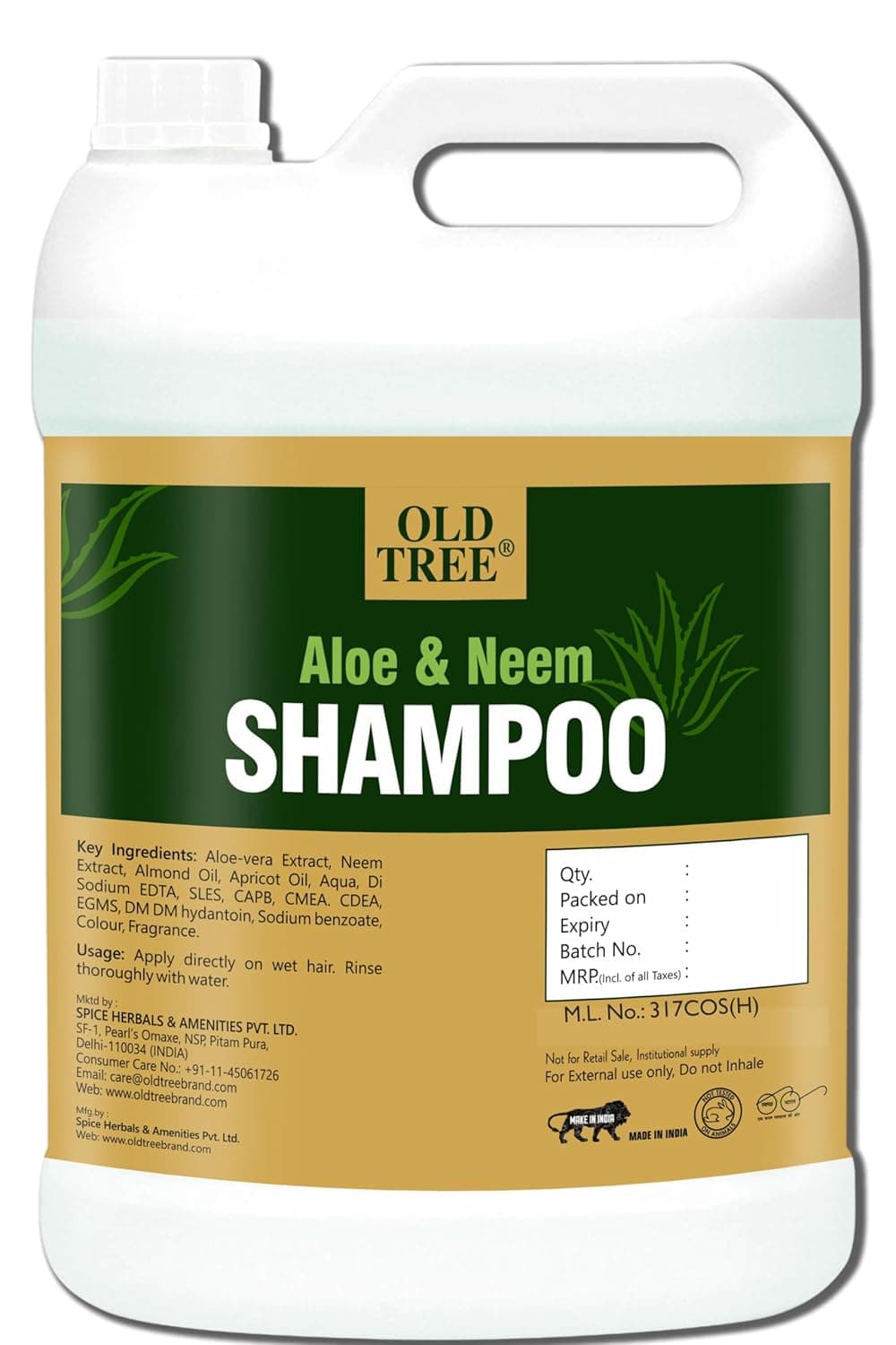 Old Tree Neem Aloe Vera Hair Shampoo 5L for Hotel Rooms Hospital Guest House Refill Shampoo Kit for Silky and Shiny Hair