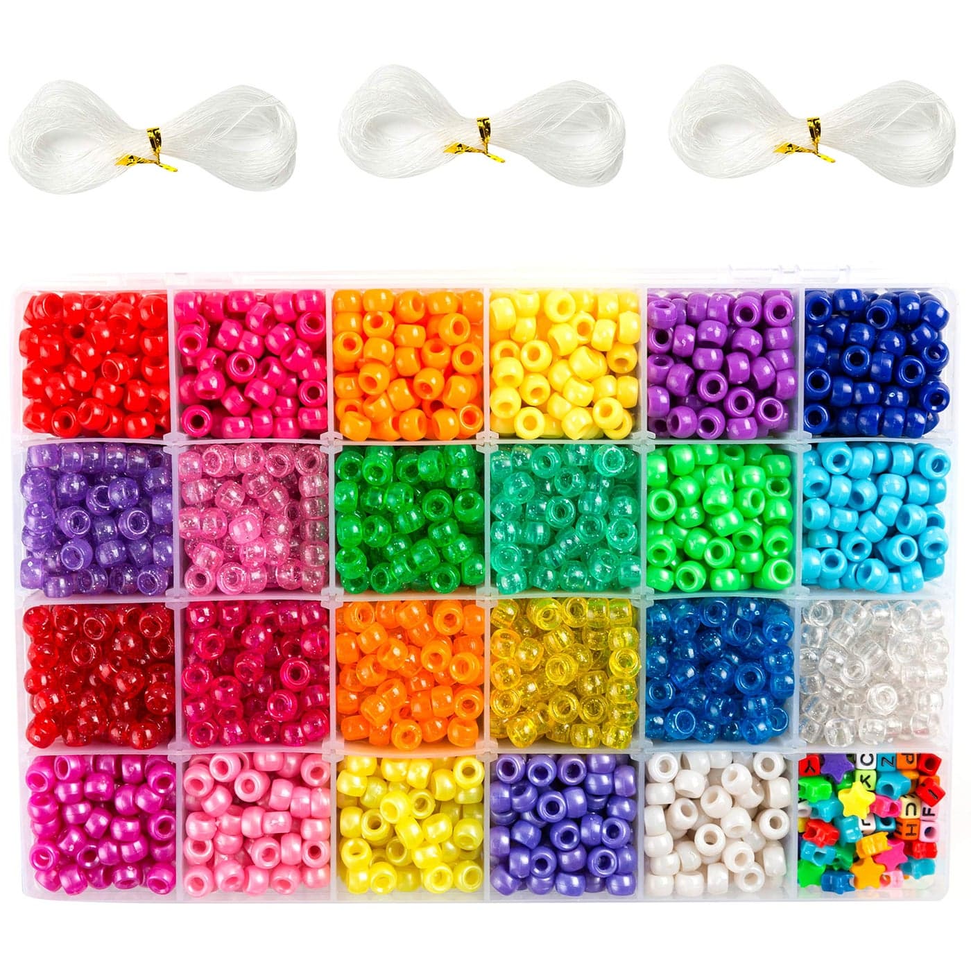 INSCRAFT Pony Beads Set - 3,300 pcs 9mm Pony, Letter & Star Beads in 23 Colors with Elastic String for Bracelet Jewelry Making