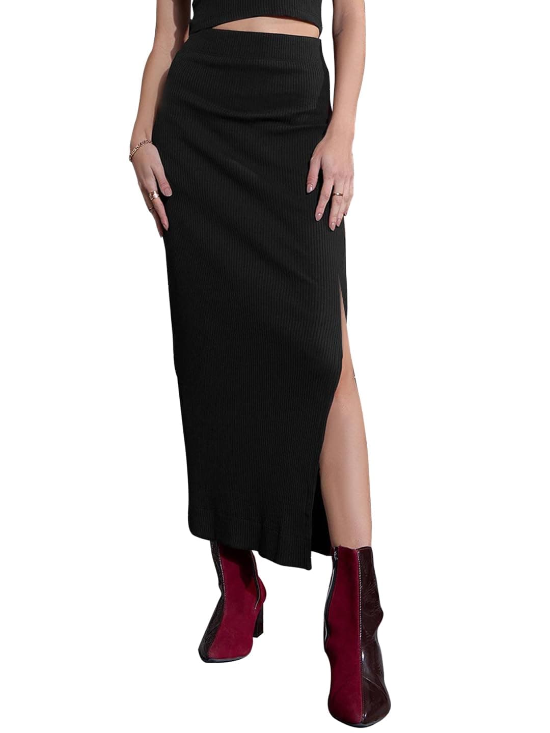 Mehrang Cotton Blend Skirt Women's High Waist Mid-Length Slit Maxi Skirt with Attached Inner, Black (L)