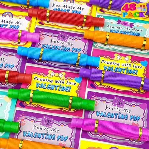 Pop Tubes Valentines Day Cards Gifts for Kids School48 Pack Fidget Tube Toys with Valentine Classroom Exchange Cards for Toddlers Valentine Class Party Favors Prizes Treats for Preschool Boys Girls