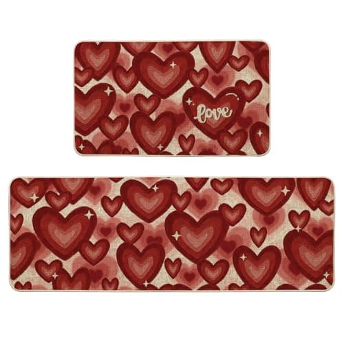Artoid Mode Red Love Heart Valentines Kitchen Mats Set of 2, Low-Profile Home Decor Kitchen Rugs for Floor - 17x29 and 17x47 Inch