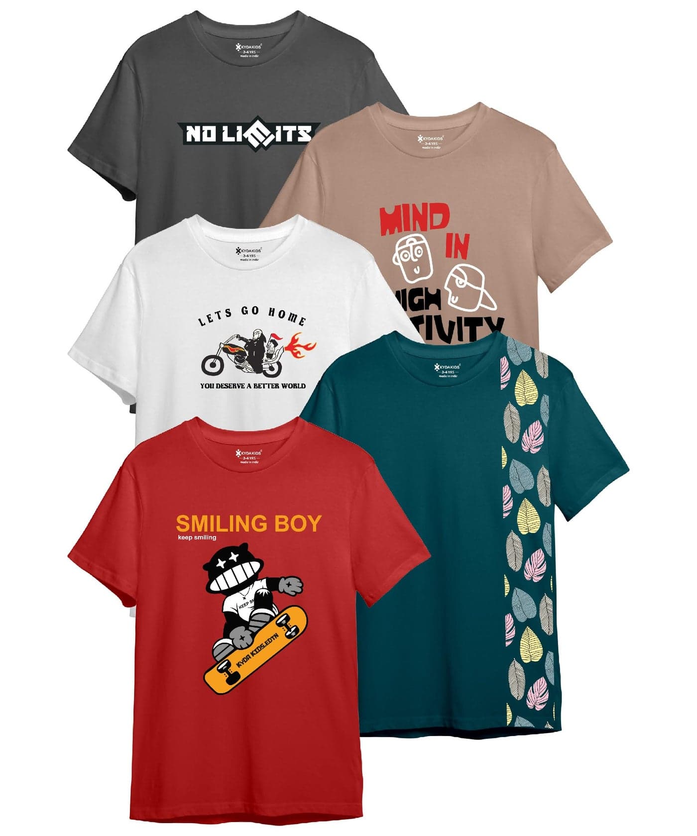 KYDA KIDS® Boys Cotton Blend Regular Fit Short Sleeve Printed Multicolor T-Shirts for Boys - (Pack of 5)