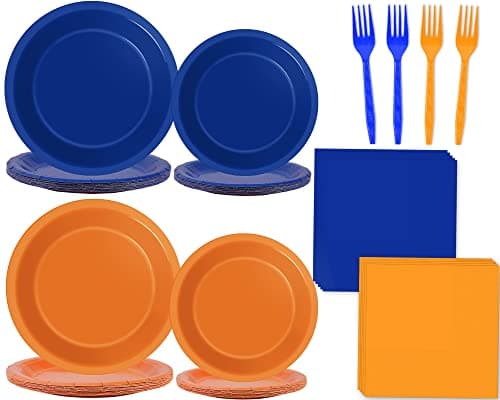 Wiooffen 96 Pcs Orange and Blue Birthday Party Plates Napkins Dart War Party Supplies Tableware Disposable Orange Blue Paper Dinnerware Decoration for Baby Shower Birthday Party 24 Guests