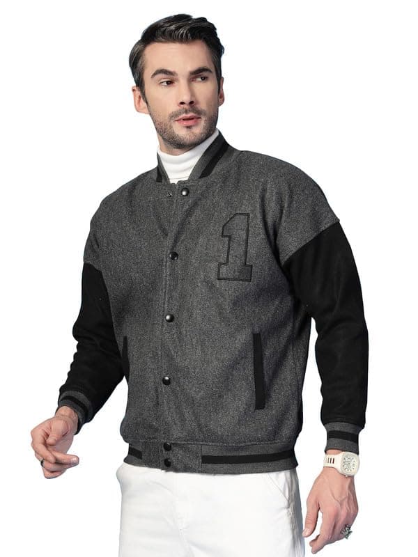CHKOKKO Fleece Men Oversized Varsity Stylish Letterman Long Sleeves Winter Jacket Anthrablack XL