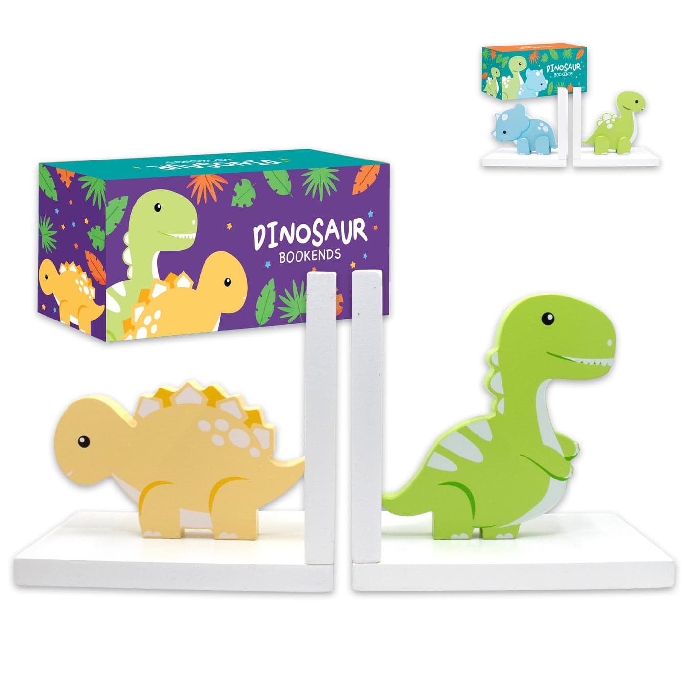 Decorably Stego and Trex Dinosaur Book Ends for Kids Books 1 Set NonSkid Wooden Kids Bookends for Boys Dinosaur Bookends Nursery Classrooms