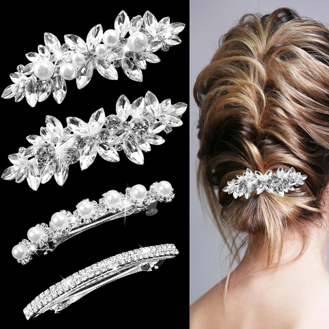 4 Pieces Rhinestone Bridal Hair Clip Pearls Wedding Hair Pins Crystal Hair Clips Rhinestone Jewelry Barrette Elegant Hair Accessories for Brides Bridesmaids Flower Girls