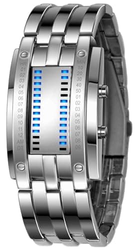 Gosasa Men's LED Digital Wrist Watch Futuristic Binary Display Stainless Steel Bracelet Waterproof Tech Style Watch for Casual & Fashion Wear(C Silver)