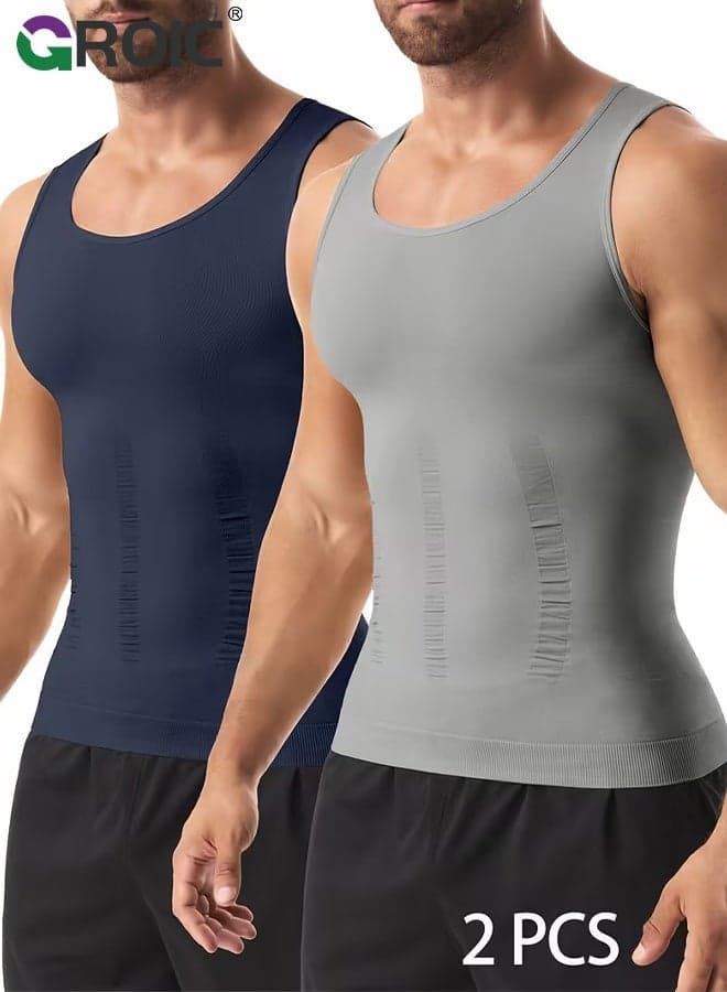 2 Pack Men's Compression Shirt,Undershirt Slimming Tank Top Workout Vest Abs Abdomen Slim Body Shaper,Slimming Body Shaper Vest for Gym(XXL)