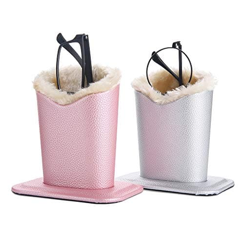Siveit Plush Lined Eyeglass Holder, PU Leather Eyeglass Case, Anti-Scratch Glasses Storage Organizer for Desk Office Nightstand,2 Packs(pink,silver)