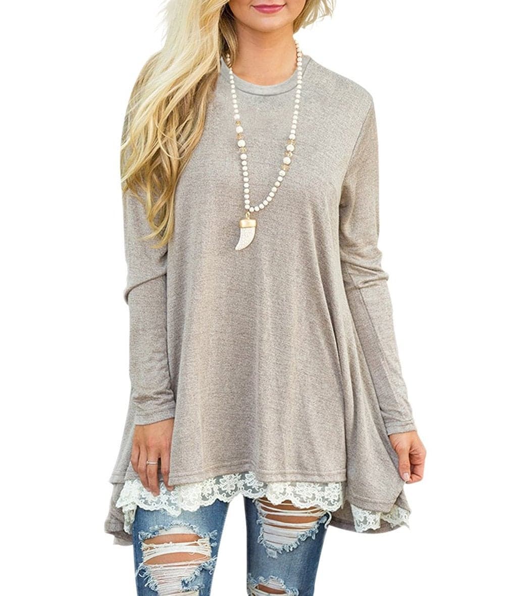 WEKILI Women's Tops Long Sleeve Lace Scoop Neck A-line Tunic Blouse Khaki S/US 4-6