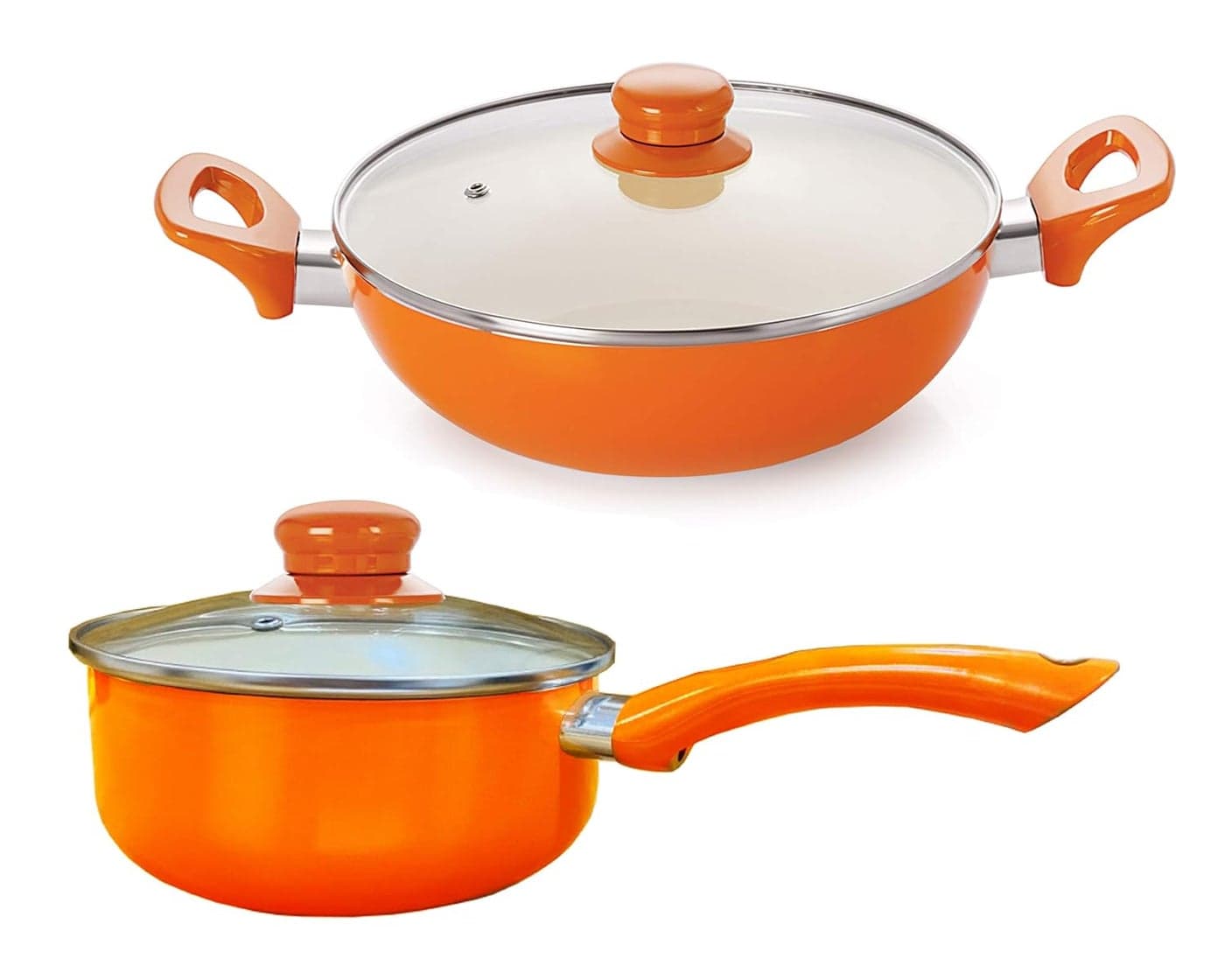 NIRLON Ceramic Induction Base NonStick Aluminium Kadhai and Sauce Pan with Glass Lid - Set of 2 (Orange)