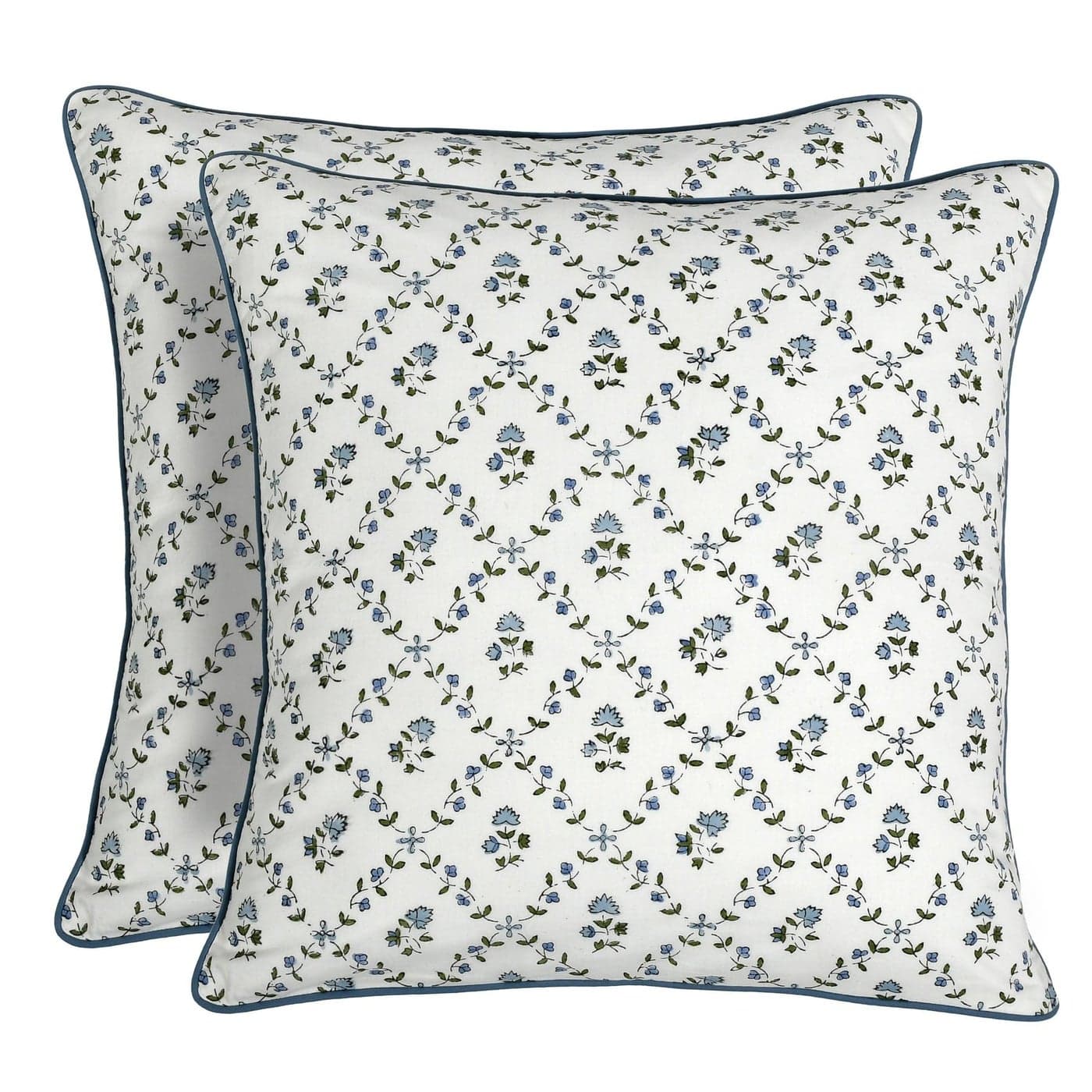 Ridhi Powder Blue Block Print Preppy Grandmillennial Pillow Cover Set of 218 x 18 Throw Pillow for Home White Floral Pillow Cover Grandmillennial Home Decor Thanksgiving
