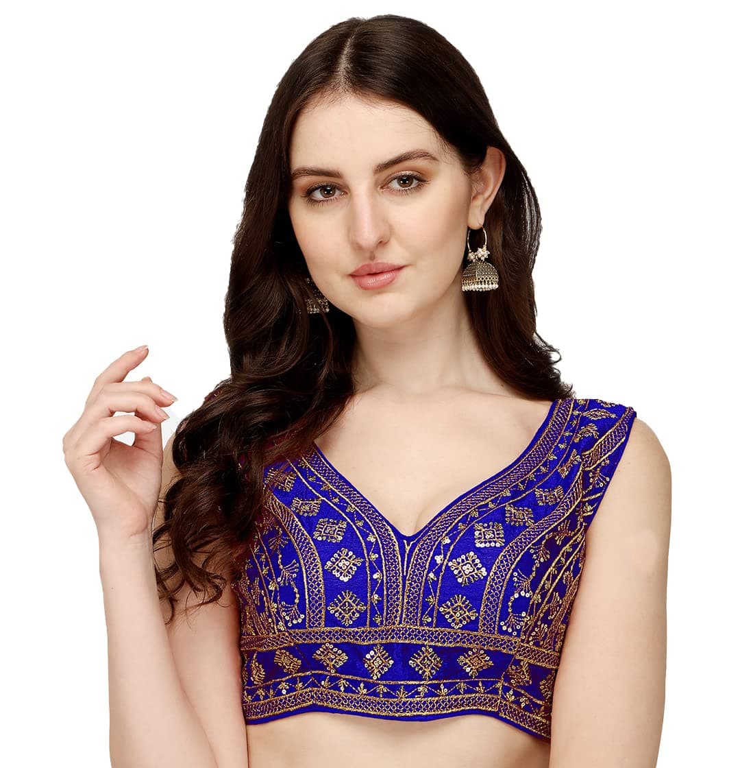 Pujia Mills Women's Silk Embroidery Sequins Zari Work Readymade Saree Blouse (Radha Krishna 11_Royal Blue_38)