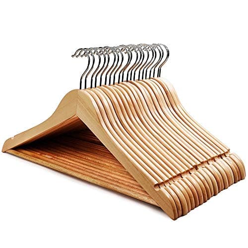 Ash & Roh® - Wooden Suit Hangers with Non Slip Pants Bar Smooth Finish Solid Wood Coat Hanger 360° Swivel Hook Precisely Cut Notches for Camisole, Clothes Hangers (24, WOODEN HANGER)