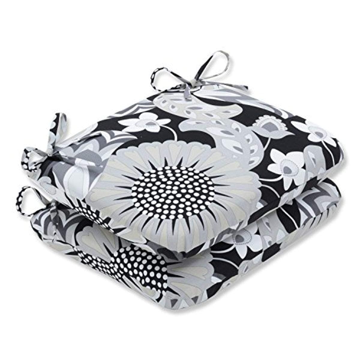 Pillow Perfect Floral IndoorOutdoor Round Corner Chair Seat Cushion with Ties Plush Fiber Fill Weather and Fade Resistant 155 x 185 BlackWhite Sophia 2 Count