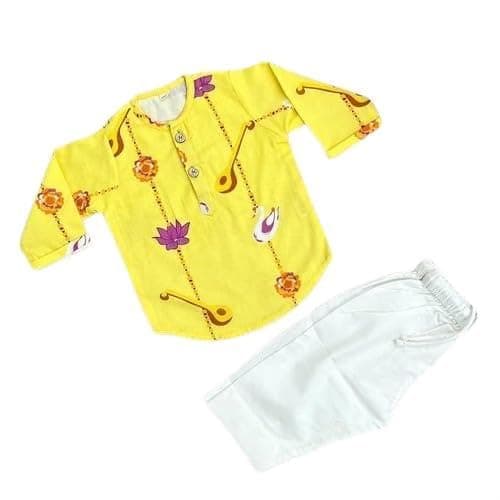 BHAAKUR Organic Cotton Unisex Veena and Lotus Kurta Set| for Toddlers and Infants| Soft and Breathable| Full Sleeves| Double Layered | Yellow | 6-12 Month