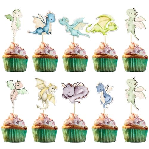 Ephlyn 36Pcs Dragon Party Cupcake Toppers Dragon Birthday Party Decoration Fantasy Dragon Cake Decorations for Flying Dragon Baby Shower Supplies