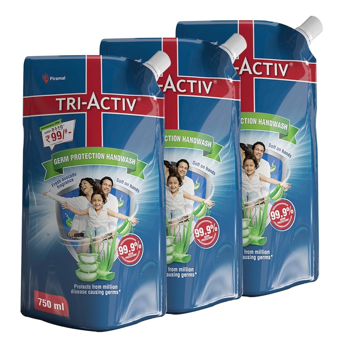 TriActiv Liquid Handwash Refill 750ml x Pack of 3 2250ml Protects From 999 Disease Causing Germs Hand Wash Refill Packs with Aloevera Avocado Liquid Soap Gentle on Hands Safe on Skin