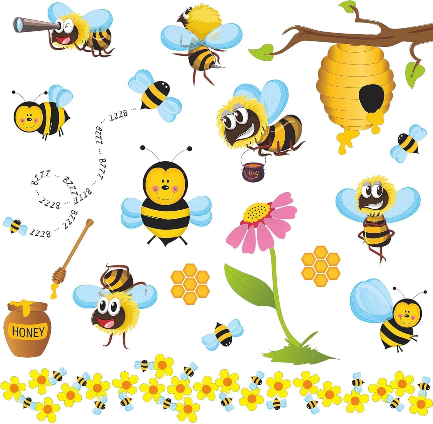 RW1061 3D Bee Wall Decals Bee Flowers Wall Stickers Cartoon Animals Stickers DIY Removable Animals Tree Branch Wall Art Decor for Kids Babys Nursery Bedroom Living Room Playroom Classroom Decoration