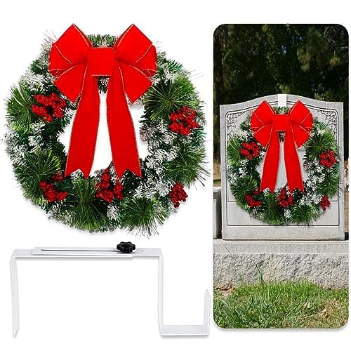 Hotop 2 Pcs Christmas Headstone Wreath Hanger Set for Cemetery Christmas Memorial Wreath for Grave Red Bowknot Natural Pine Cones Red Berries Wreath for Grave Marker Gravestone Decorations