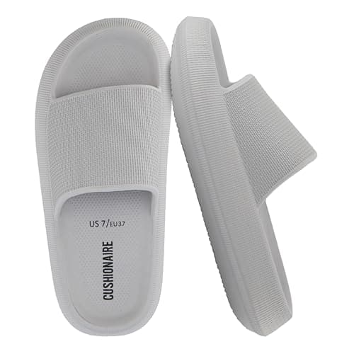 CUSHIONAIRE Feather EVA Slides for Women – Comfortable Slip On Womens Slippers, Indoor Outdoor Shower Shoes, Beach Essential Cloud Slides, LIGHT GRAY 8